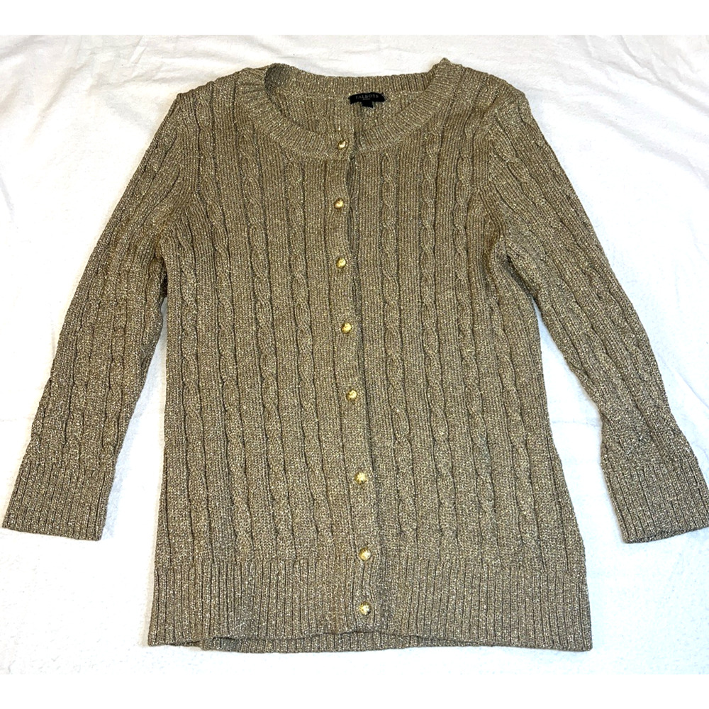 Talbots Gold Metallic Button Front Sweater Cardigan Size Petite Med 3/4 Sleeves